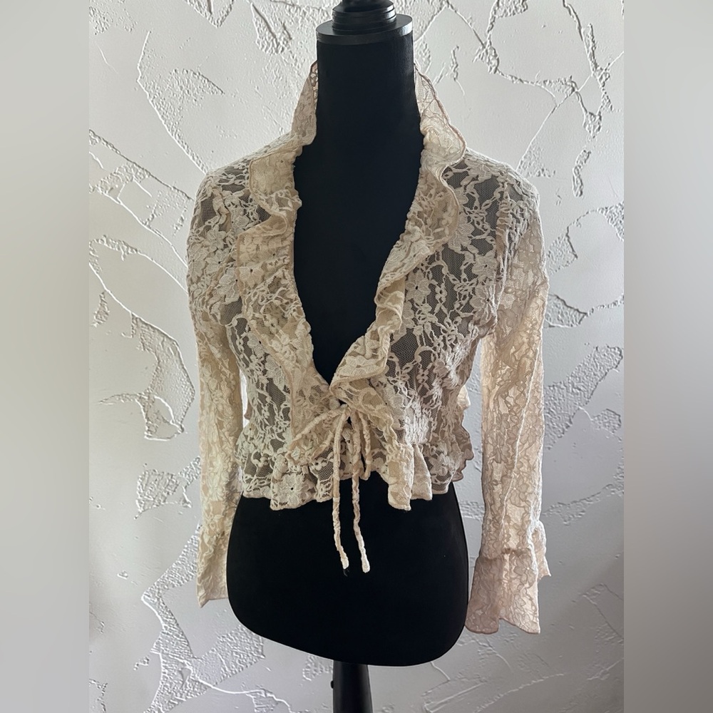 THIRTY/THIRTY LA Delicate Cream Lace Tie-Front Women's Top